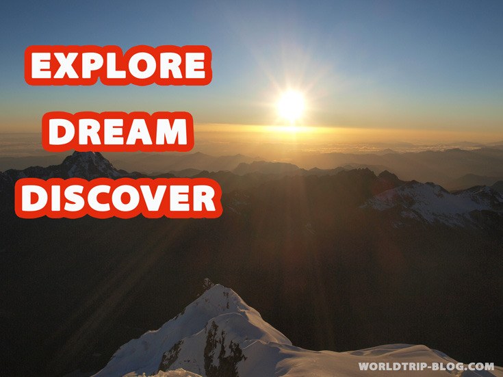 Shows quote Explore Dream discover on a 6088m mountain.